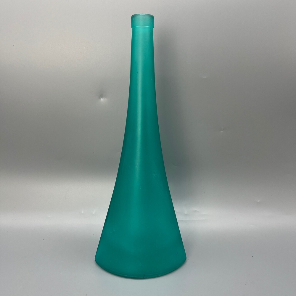 Vtg Teal Frosted Glass Pyramid Bottle Vase 75cl Triangular Curved Mid Century